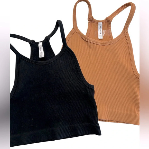 👕 Zenana 2-1 Crop Ribbed Racerback Tank Tops, Black, size L/XL, EUC - Picture 1 of 4